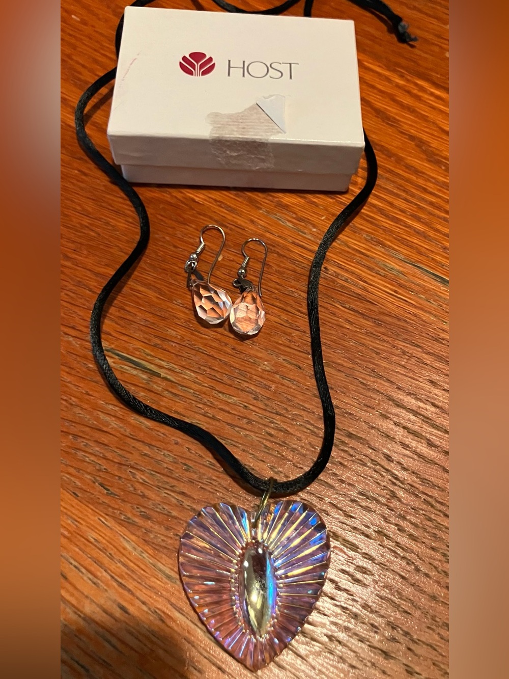 NEW Iridescent Heart Pendant 24” Necklace with Teardrop Earrings - Clear